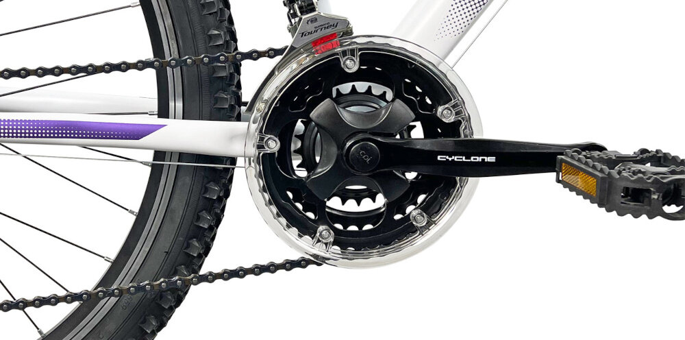 Rower górski MTB INDIANA X-Pulser 1.6 D15 26 cali damski Biało-fioletowo-miętowy korba CYCLONE 24/34/42 x 170mm efektywne przenoszenie mocy przez pedaly wklad suportu SHIMANO MF-TZ500 7 Speed niezrownana solidnosc