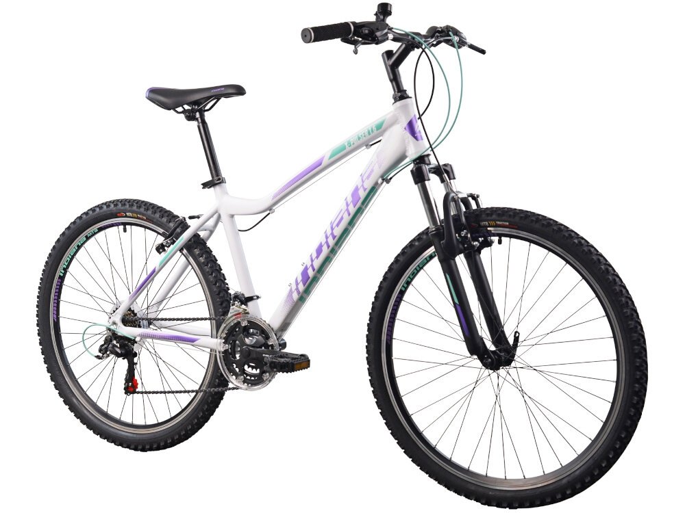 Rower górski MTB INDIANA X-Pulser 1.6 D15 26 cali damski Biało-fioletowo-miętowy specjalny uchwyt mozliwosc przymocowania bidonu dzwonek zamontowany na kierownicy