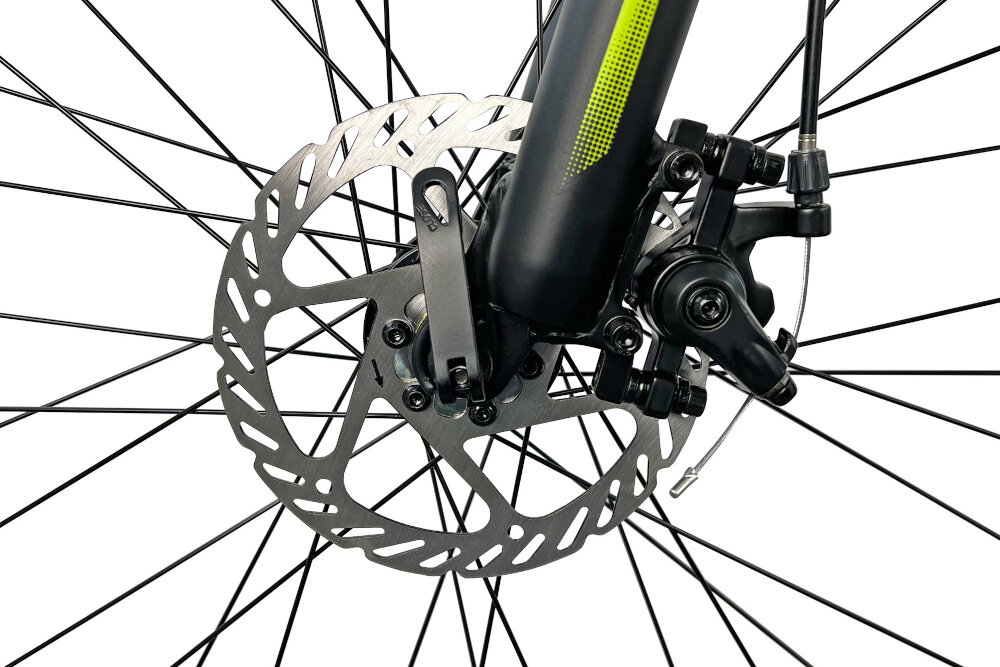 Rower górski MTB INDIANA X-Pulser 2.7 M21 27.5 cala Czarno-żółty hamulce tarczowe mechaniczne na przod na tyl dzialaja w kazdych warunkach pogodowych i na kazdej trasie bardzo duza sila hamowania odblaski lepiej widoczny na drodze bezpieczniejszy