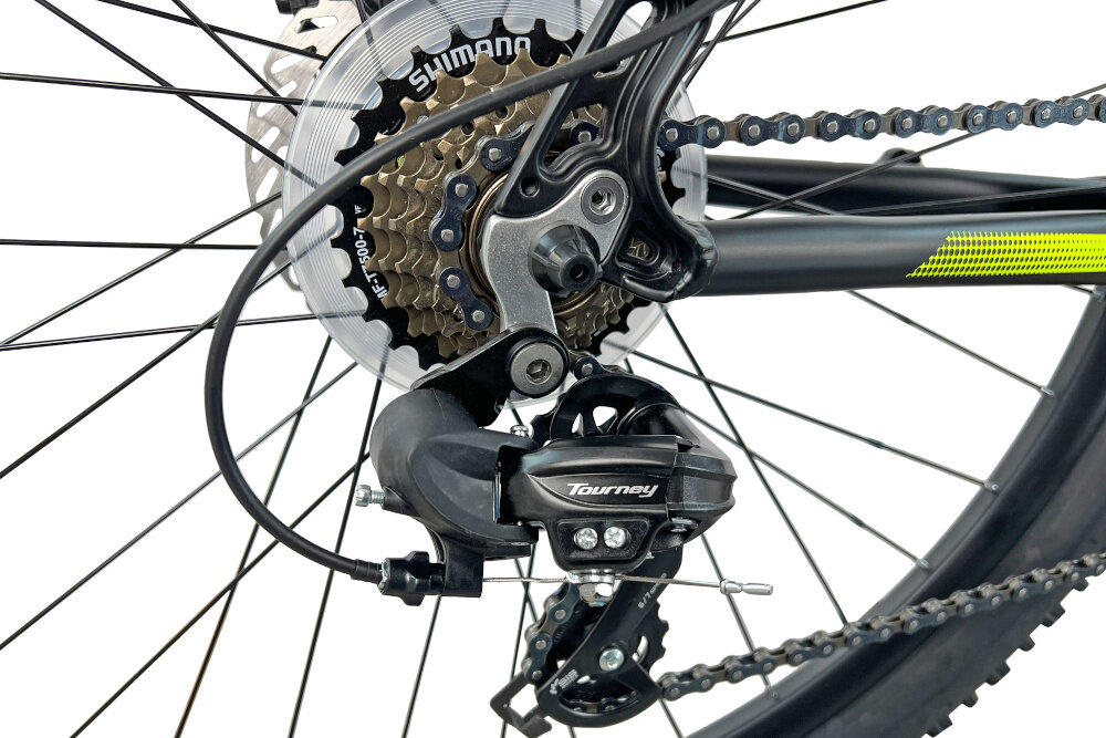 Rower górski MTB INDIANA X-Pulser 2.7 M21 27.5 cala Czarno-żółty przerzutki na przod i na tyl renomowanej marki SHIMANO 21 biegow przrzutki SHIMANO Tourney do rekreacyjnej jazdy duza wytrzymalosc sprawne dzialanie plynna bezproblemowa zmiana biegow