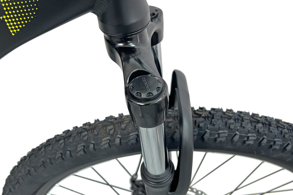 Rower górski MTB INDIANA X-Pulser 2.7 M21 27.5 cala Czarno-żółty rower typu hardtail przedni amortyzator marki HL Corp typu HL-389 27.5 Ahead 1 1/8 ulatwia najezdzanie na przeszkody niweluje wstrzasy na kierownicy niska masa roweru duza sztywnosc regulacja za pomoca sprezyny obsluga za pomoca manetki bezproblemowa regulcja