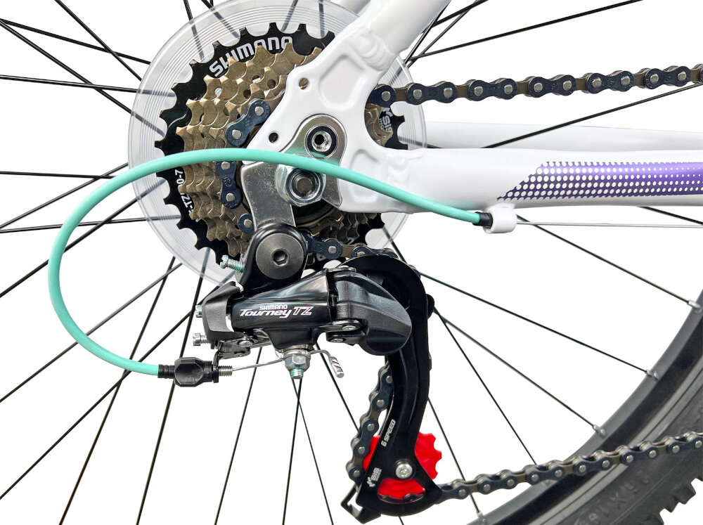 Rower górski MTB INDIANA X-Pulser 1.6 D15 26 cali damski Biało-fioletowo-miętowy przerzutki na przod i na tyl renomowanej marki SHIMANO 21 biegow przrzutki SHIMANO Tourney do rekreacyjnej jazdy duza wytrzymalosc sprawne dzialanie plynna bezproblemowa zmiana biegow