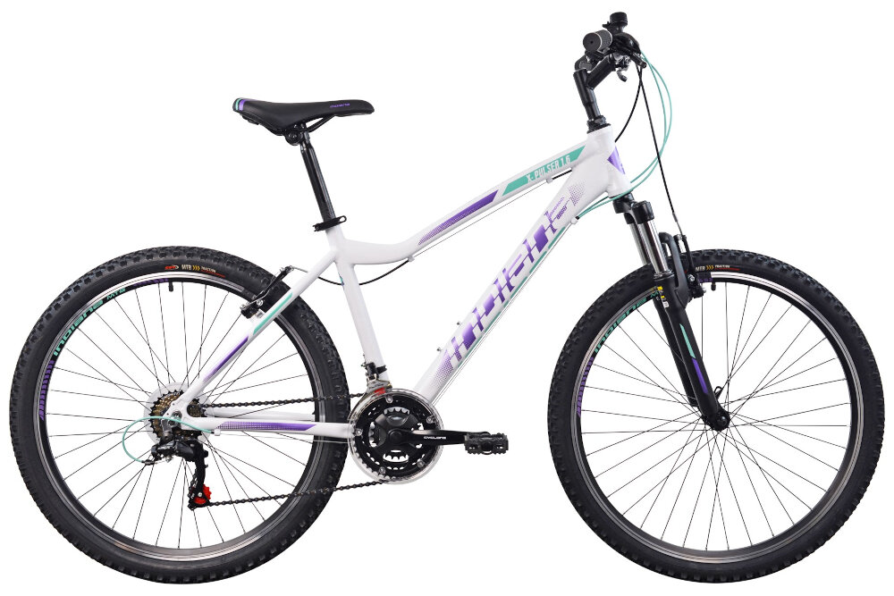 Rower górski MTB INDIANA X-Pulser 1.6 D19 26 cali damski Biało-fioletowo-miętowy dla kobiet liczne elementy poprawiajace wygode korzystania amortyzator odblaski podzespoly SHIMANO ciekawy ksztalt i kolorystyka wygodny bezpieczny