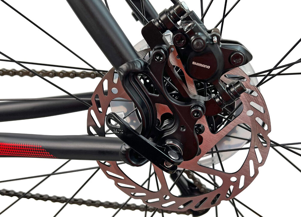 Rower górski MTB INDIANA X-Pulser 2.9 M23 29 cali męski Czarno-czerwony podstawa bezpieczenstwa kazdego rowerzysty hamulce tarczowe hydrauliczne duza sila hamowania sprawdzaja sie w kazdych warunkach pogodowych i na kazdej trasie plyn hamulcowy bardziej precyzyjne okreslenie mocy hamowania odblaski lepiej widoczny na drodze
