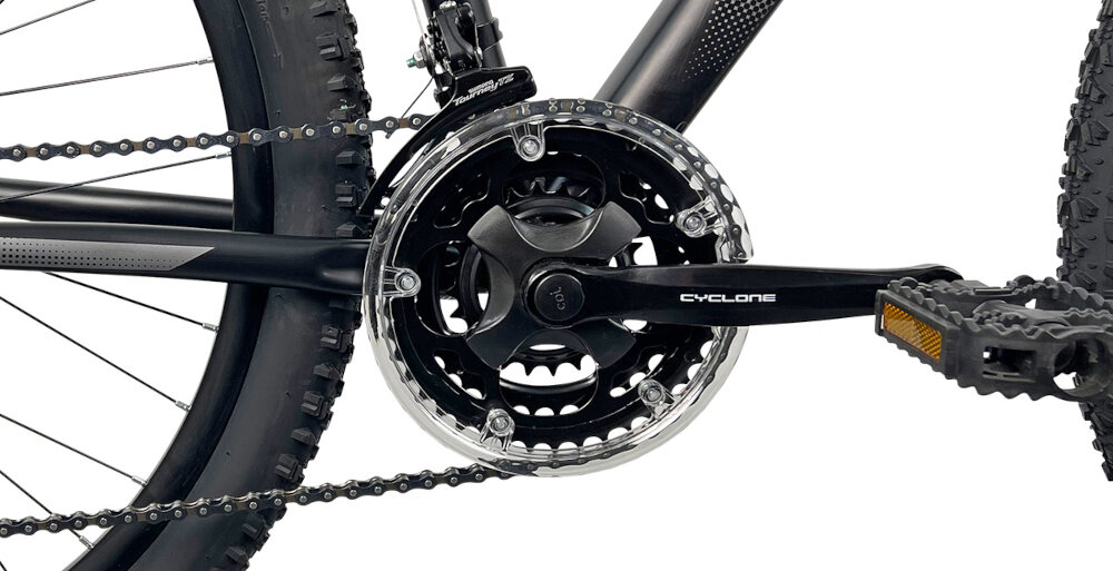 Rower górski MTB INDIANA X-Pulser 2.7 D19 27.5 cala damski Czarno-miętowy korba CYCLONE 24/34/42T efektywne przenoszenie mocy przez pedaly wolobieg SHIMANO TZ-500 14-34 7 Speed niezrownana solidnosc