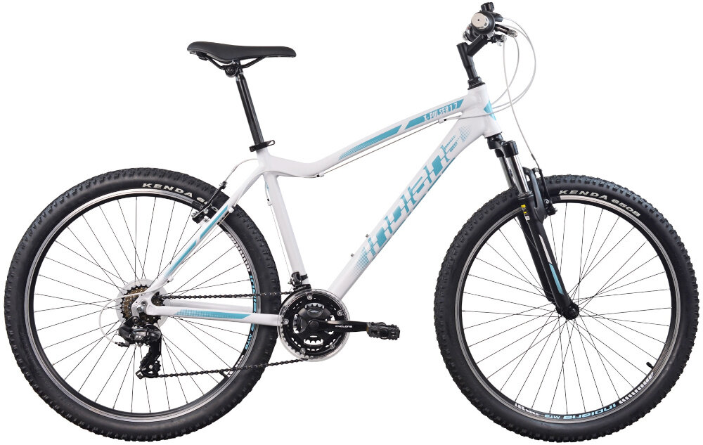 Rower górski MTB INDIANA X-Pulser 1.7 D17 27.5 cala damski Biało-niebieski specjalne gwinty do przymocowania uchwytu na bidon odblaski lepsza widocznosc bezpieczenstwo dzwonek