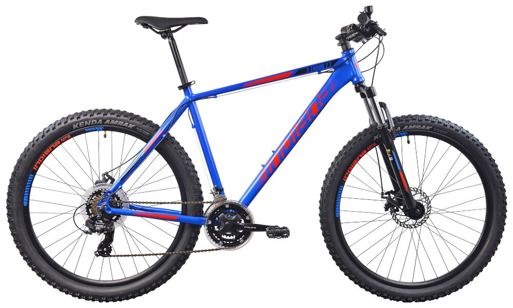 Rower górski MTB INDIANA X-Enduro 2.7 M17 27.5 cala męski Niebiesko-czerwony dla mezczyzn amortyzator odblaski podzespoly SHIMANO ciekawy ksztalt kolorystyka wygodny bezpieczny