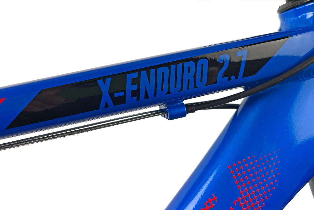 Rower górski MTB INDIANA X-Enduro 2.7 M17 27.5 cala męski Niebiesko-czerwony rama 17-calowa aluminiowa odporna na korozje rower jest zwinny lekki latwo go podniesc wybor rozmiaru ramy Twoj wzrost mierzony w zrelaksowanej pozycji typ roweru dla osob o wzroscie od 165 do 174 cm