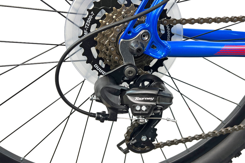 Rower górski MTB INDIANA X-Enduro 2.7 M19 27.5 cala męski Niebiesko-czerwony przerzutki na przod i na tyl SHIMANO Tourney duza wytrzymalosc sprawne dzialanie plynna bezproblemowa zmiana biegow 21 biegow