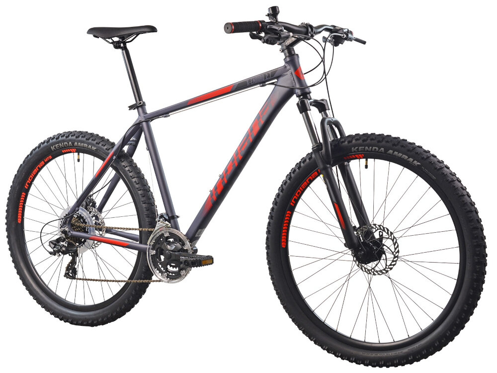 Rower górski MTB INDIANA X-Enduro 2.7 M17 27.5 cala męski Czarno-czerwony dla mezczyzn amortyzator odblaski podzespoly SHIMANO ciekawy ksztalt kolorystyka wygodny bezpieczny