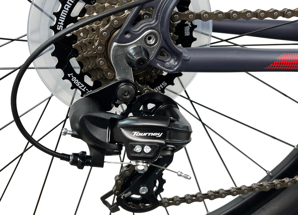 Rower górski MTB INDIANA X-Enduro 2.7 M19 27.5 cala męski Czarno-czerwony przerzutki na przod i na tyl SHIMANO Tourney duza wytrzymalosc sprawne dzialanie plynna bezproblemowa zmiana biegow 21 biegow