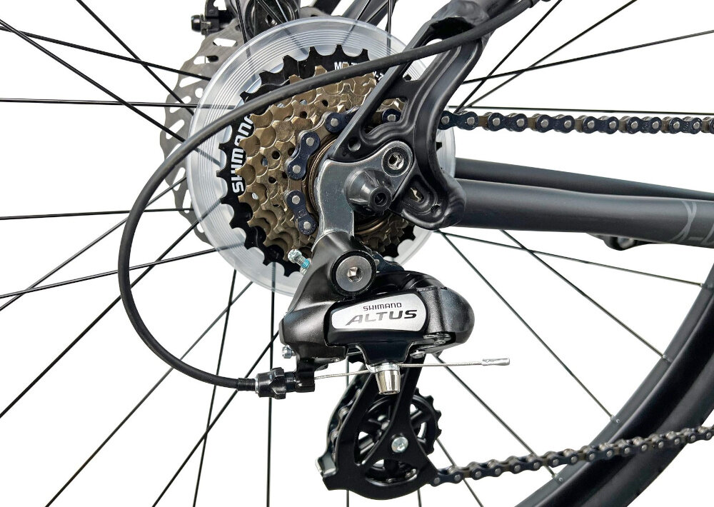 Rower crossowy INDIANA X-Cross 2.0 M19 męski Czarno-czerwony przerzutki marki SHIMANO duza wytrzymalosc sprawne dzialanie plynna bezproblemowa zmiana biegow 21 biegow przednia przerzutka SHIMANO Tourney tylna przerzutka SHIMANO Altus technologia Shadow