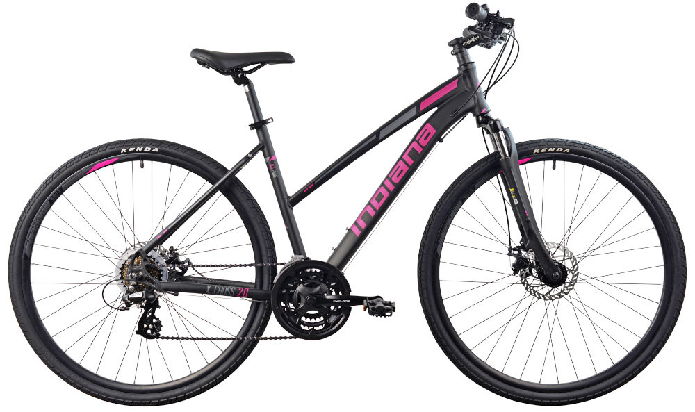 Rower górski MTB INDIANA X-Cross 2.0 D15 28 cali Damski Czarno-różowy specjalne gwinty do przymocowania uchwytu na bidon odblaski lepsza widocznosc bezpieczenstwo dzwonek
