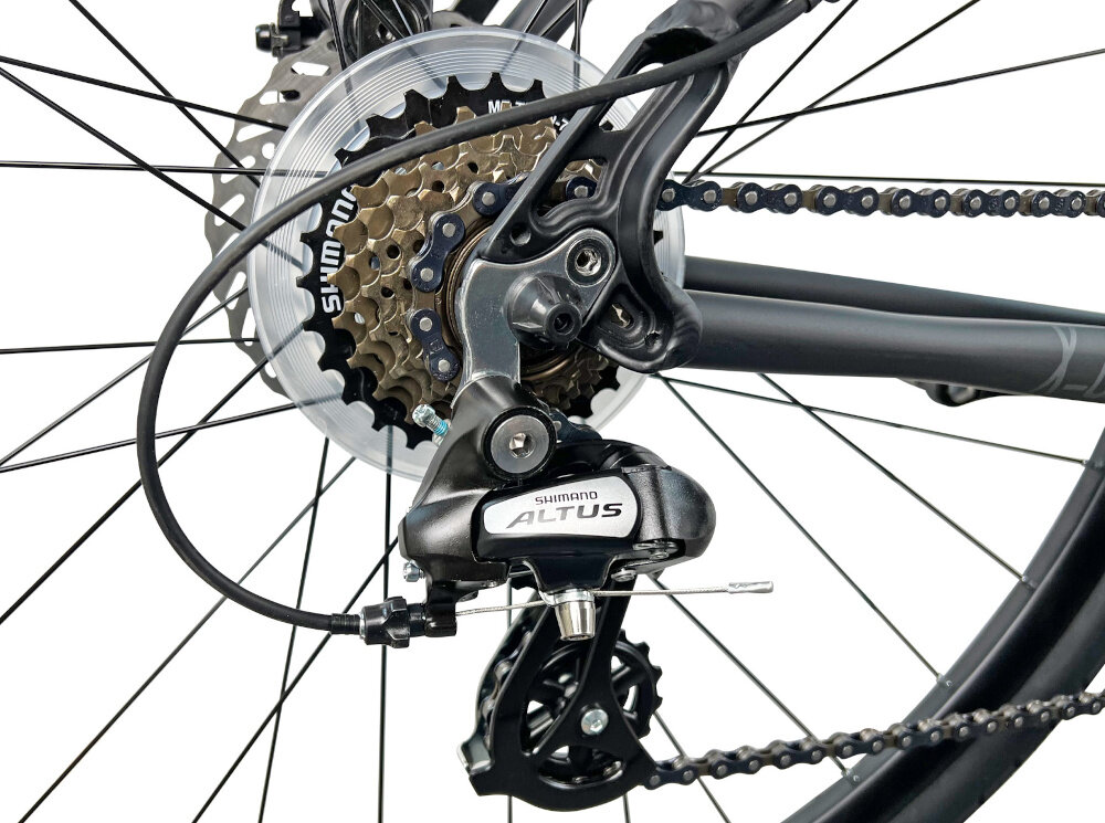 Rower górski MTB INDIANA X-Cross 2.0 D17 28 cali Damski Czarno-różowy przerzutki marki SHIMANO duza wytrzymalosc sprawne dzialanie plynna bezproblemowa zmiana biegow 21 biegow przednia przerzutka SHIMANO Tourney tylna przerzutka SHIMANO Altus technologia Shadow
