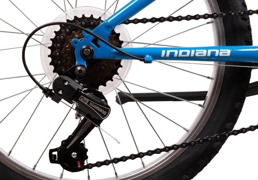 Rower dziecięcy INDIANA Figo 20 cali dla chłopca Niebieski 6 przelozen tylna przerzutka SHIMANO Tourney manetki SAIGUAN Revo 6 V