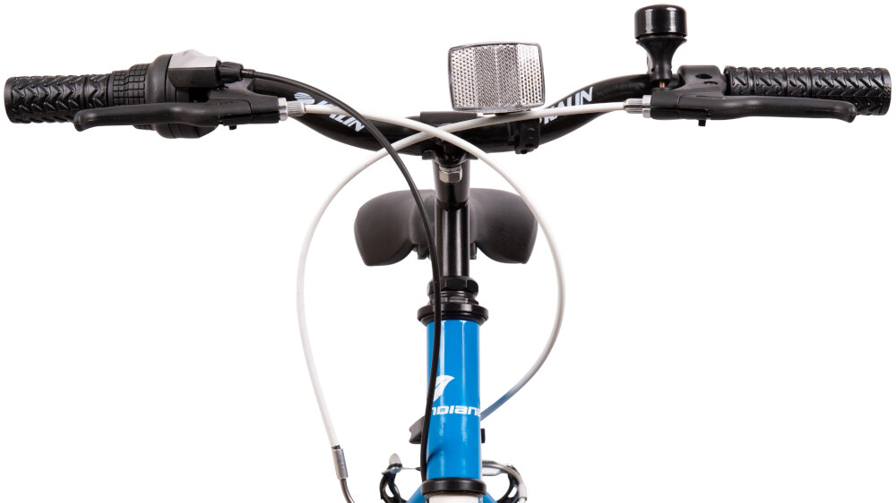 Rower dziecięcy INDIANA Figo 20 cali dla chłopca Niebieski najwyzszy komfort jazdy dziecko nie odczuje dyskomfortu odpowiednia pozycja ciala antyposlizgowy material dzwonek