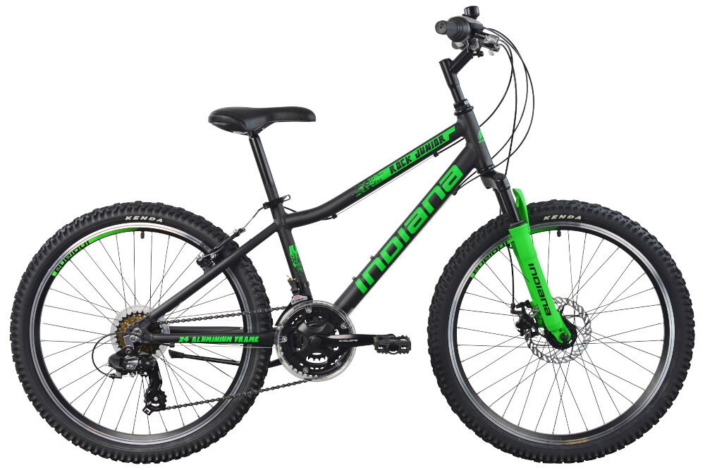 Rower młodzieżowy INDIANA Rock Jr 24 cale dla chłopca Czarno-zielony typ gorski MTB rozwiazania ulatwiajace obsluge przerzutki amortyzator zwiekszajace bezpieczenstwo hamulce dla dzieci w wieku od 9 do 12 lat