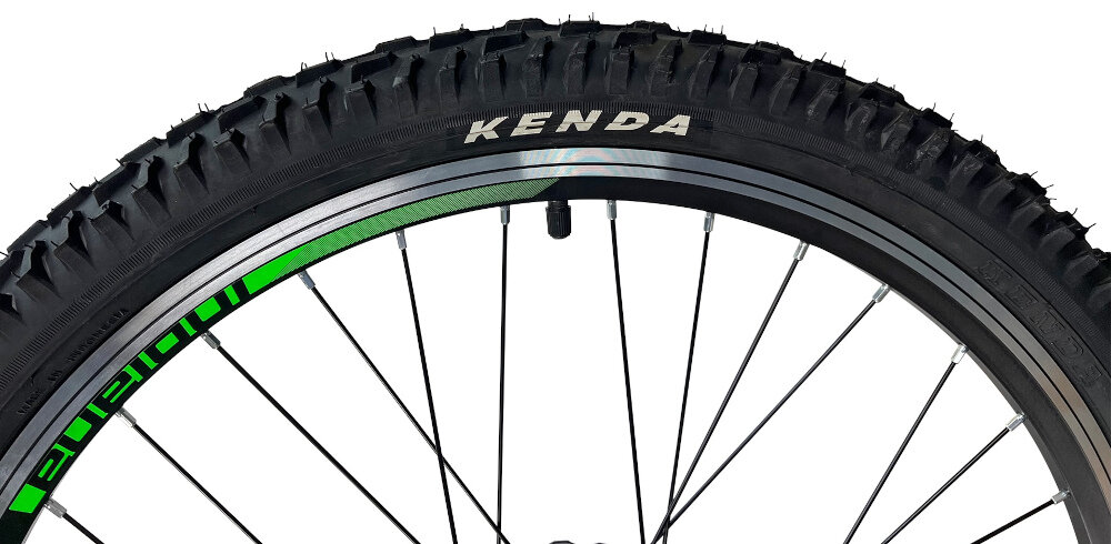 Rower młodzieżowy INDIANA Rock Jr 24 cale dla chłopca Czarno-zielony kola 24-calowe wysokiej klasy opony marki KENDA doskonala przyczepnosc w kazdych warunkach dwusciankowe obrecze regularny ksztalt kol stabilne trzymanie opony bezpieczna komfortowa jazda regularne sprawdzanie cisnienia powietrza wartosc na bocznej czesci opony