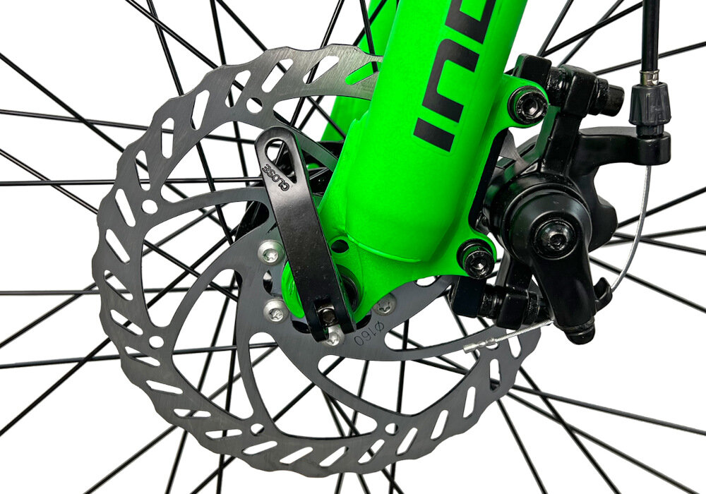 Rower młodzieżowy INDIANA Rock Jr 24 cale dla chłopca Czarno-zielony podstawa bezpieczenstwa kazdego rowerzysty przedni hamulec tarczowo hydrauliczny kazde warunki pogodowe i na kazdy teren plyn hamulcowy tylny hamulec typu V-Brake lekki duza sila hamowania