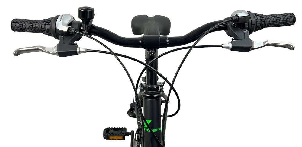 Rower młodzieżowy INDIANA Rock Jr 24 cale dla chłopca Czarno-zielony dziecko nie odczuje dyskomfortu zapewniona odpowiednia pozycja ciala antyposlizgowy material dzwonek