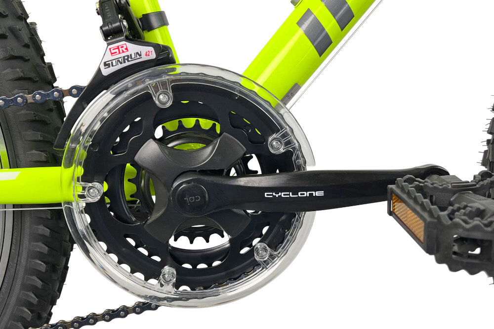Rower młodzieżowy INDIANA Rock Jr 24 cale dla chłopca Limonkowo-szary korba CYCLONE 24/34/42 x 170 efektywne przenoszenie mocy przez pedaly wklad suportu SPARK typ Index 6 Speed 14-28T niezrownana solidnosc nawet w najtrudniejszych warunkach