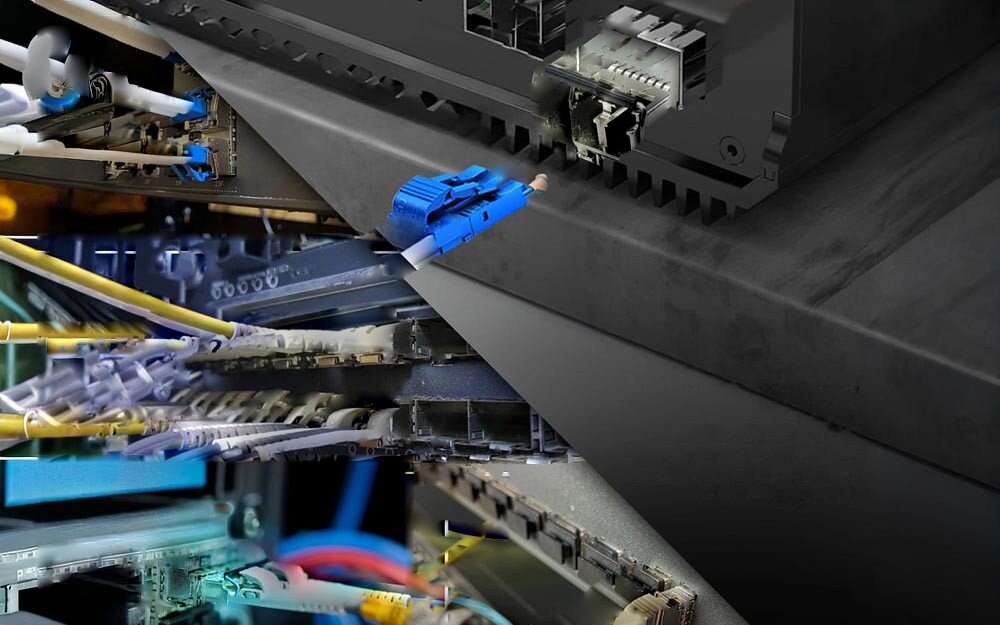 Moduł SFP+ EXTRALINK 10G 2-pack LC/UPC 850nm 300m HP/Aruba Kolaż zdjęć przedstawiający porty SFP w urządzeniach sieciowych z gęsto podłączonymi kablami światłowodowymi o różnym kolorze