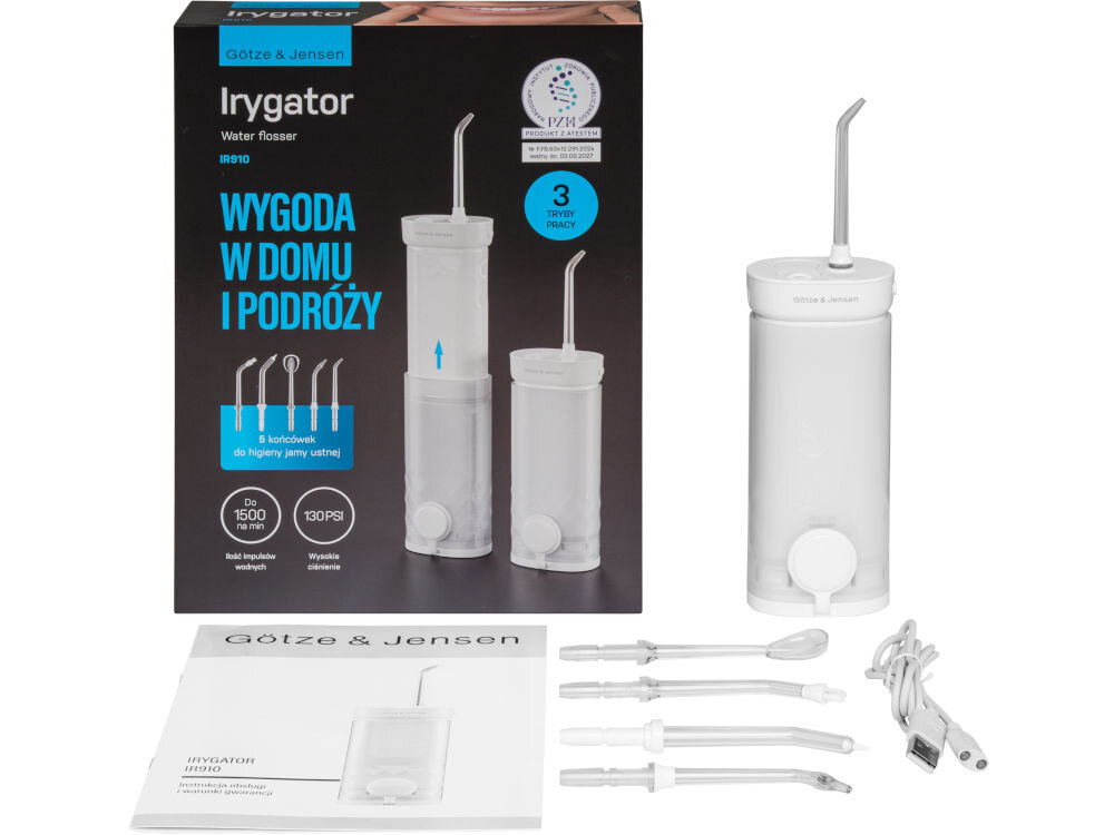 Irygator GÖTZE & JENSEN IR910 elementy zestaw ładowarka magnetyczna (USB-A) końcówka do codziennego czyszczenia przestrzeni między zębami końcówka do dziąseł końcówka do aparatów ortodontycznych końcówka do języka