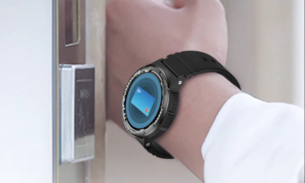 Smartwatch KUMI K6 Czarny elegancki design fukcjonalnosc technologiczne innowacje czarna obudowa klasyczny stylowy wyglad odbieranie przychodzacych polaczen nadajnik Bluetooth i NFC synchronizacja przesylanych danych