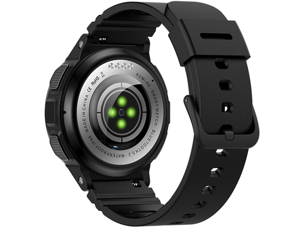 Smartwatch KUMI K6 Czarny wbudowany akumulator pojemnosc 300 mAh czas dzialania okolo 7 dni w stanie czuwania 20-25 dni kabel ladujacy USB-A/zlacze magnetyczne ladoanie okolo 2 godzin funkcja alaru stanu baterii