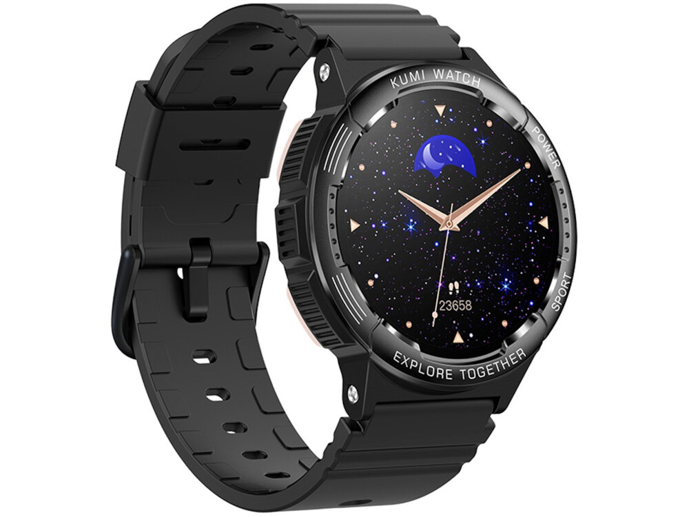 Smartwatch KUMI K6 Czarny klasyczny okragly ekran koperta ze szkla odpornego na zadrapania stopu aluminium ABS poliweglanu wbransoleta z sylikonu latwe utrzymanie czystosci