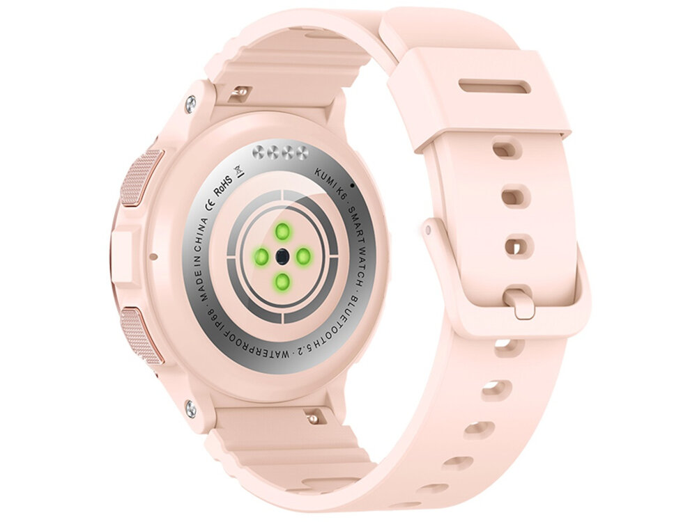 Smartwatch KUMI K6 Różowy wbudowany akumulator pojemnosc 300 mAh czas dzialania okolo 7 dni w stanie czuwania 20-25 dni kabel ladujacy USB-A/zlacze magnetyczne ladoanie okolo 2 godzin funkcja alaru stanu baterii