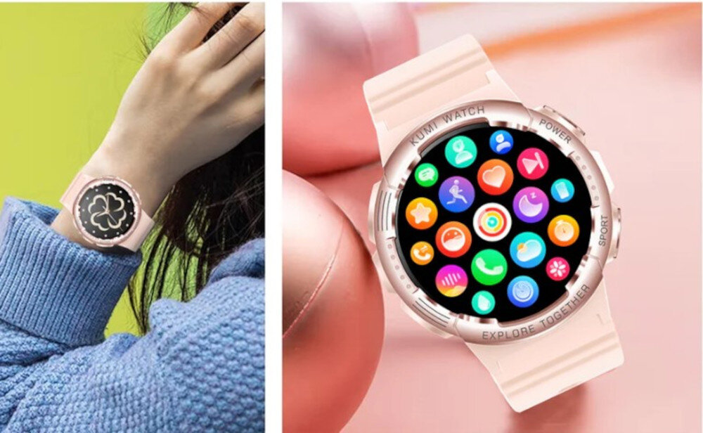 Smartwatch KUMI K6 Różowy wyswietlacz kolorowy dotykowy AMOLED 1,3-cala personalizacja tarczy ponad 100 tarcz do wyboru