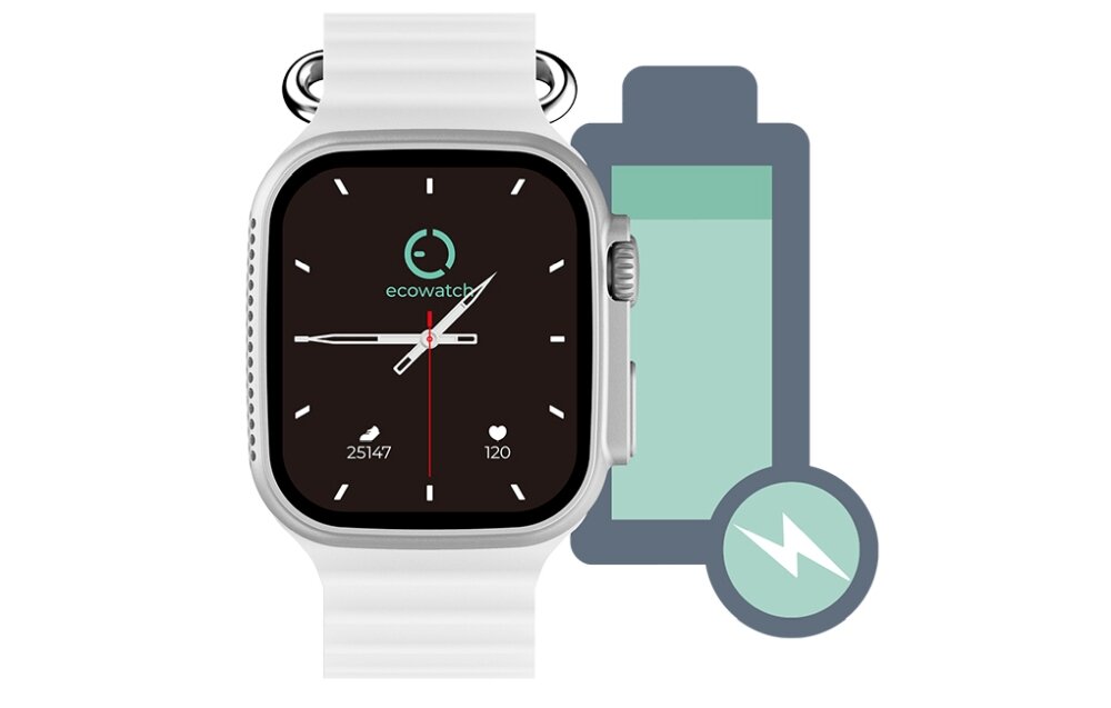 Smartwatch Ecowatch 2 Srebrny ekran bateria czujniki zdrowie sport pasek ładowanie pojemność rozdzielczość łączność sterowanie krew puls rozmowy smartfon aplikacja