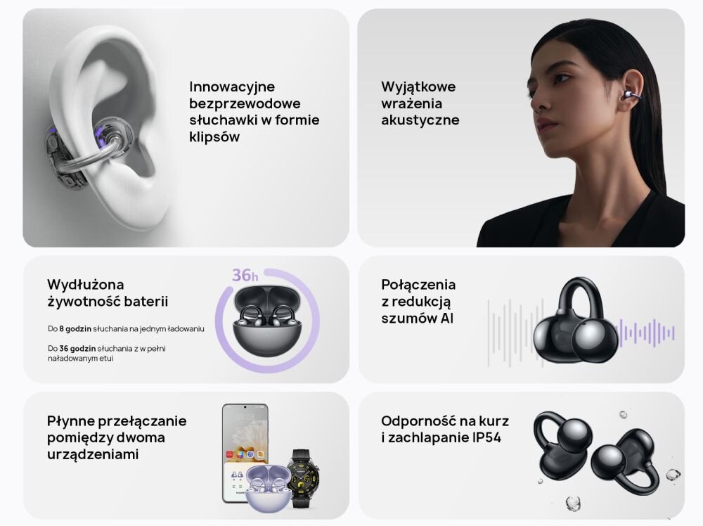 SŁUCHAWKI BLUETOOTH HUAWEI FREECLIP TWS dźwięk moc łączność szumy redukcja szumów hałas głośność zakres częstotliwość waga zasilanie ładowanie złącze port wtyczka działanie etui smartfon sterowanie wygoda muzyka