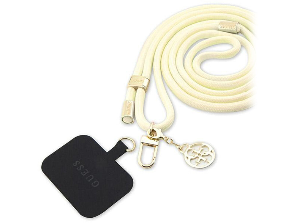 Uniwersalny pasek do telefonu Guess 4G Chain CBDY
            całość, czyli wkładka z zaczepem, zawieszką i paskiem na białym tle
            wkładka zaczep karabińczyk adapter pasuje etui