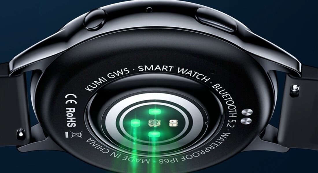 Smartwatch KUMI GW5 ekran bateria czujniki zdrowie sport pasek ładowanie pojemność rozdzielczość łączność sterowanie krew puls rozmowy smartfon aplikacja