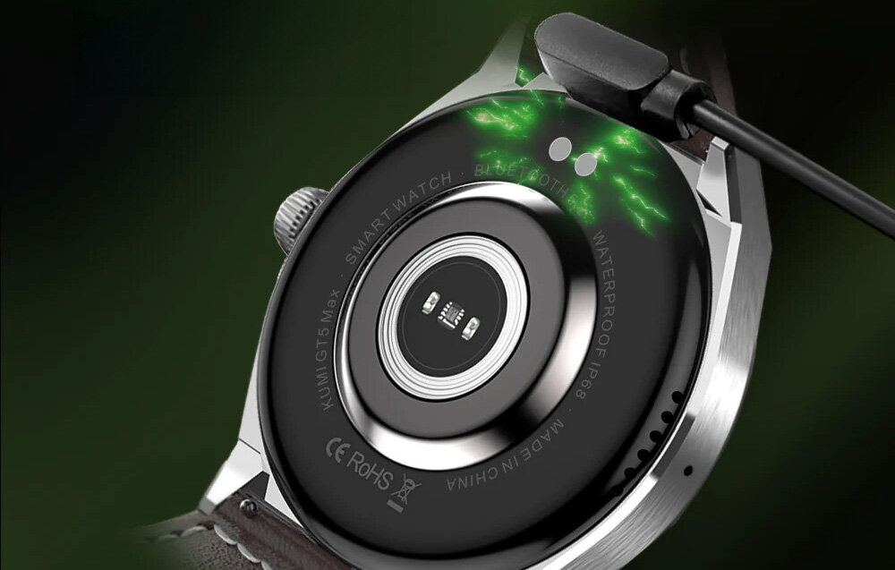 Smartwatch KUMI GT5 Max Srebrny wbudowany akumulator pojemnosc 290 mAh czas dzialania okolo 7 dni kabel USB-A/zlacze magnetyczne funkcja alarmu stanu baterii
