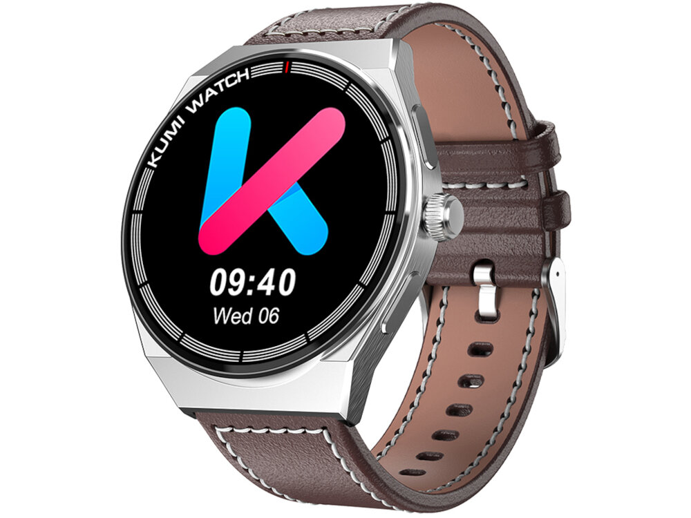 Smartwatch KUMI GT5 Max Srebrny klasyczny okragly ekrn z wysokiej jakosi materialow najwyzszy poziom ochrony bransoleta ze skory wytrzymaly latwo utrzymac w czystosci