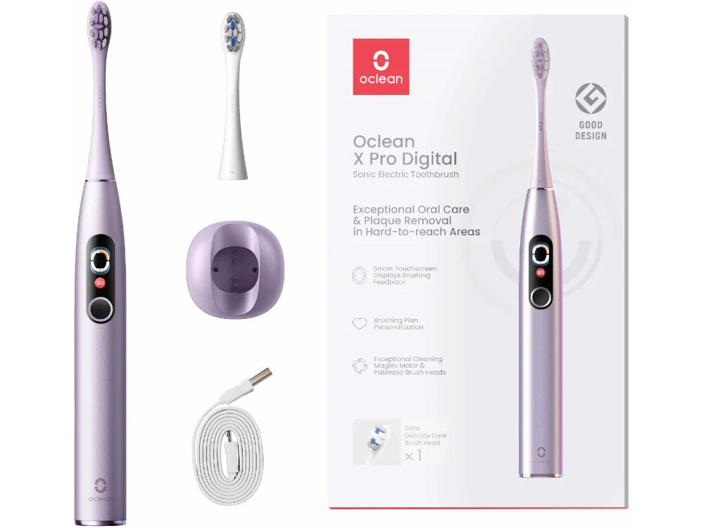 Szczoteczka soniczna OCLEAN X Pro Digital Fioletowy szczoteczka kolor fioletowy końcówka do usuwania płytki nazębnej stacja ładująca przewód USB-C/ końcówkę ładującą dokumentacja.