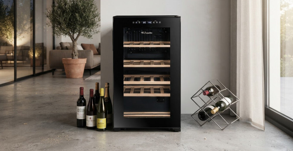 CHŁODZIARKA DO WINA LA SOMMELIERE SLS32DZBLACK Winiarka z przeszklonymi drzwiami i drewnianymi półkami została ustawiona w wnętrzu obok stojaka oraz butelek wina. Elegancki design urządzenia podkreśla jego dekoracyjny charakter winiarka dwustrefowa serwowanie win w idealnej temperaturze