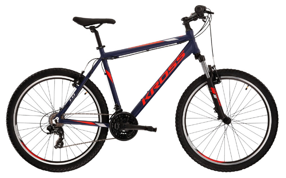 Rower górski MTB KROSS Hexagon 1.0 M19 26 cali męski Granatowo-czerwony do jazdy rekreacyjnej pojazd zwrotny latwo wchodzacy w zakrety uniwersalne zastosowanie do miasta do lasu na gorskie szlaki jazda w niezbyt grzaskim blocie nie za glebokim piachu