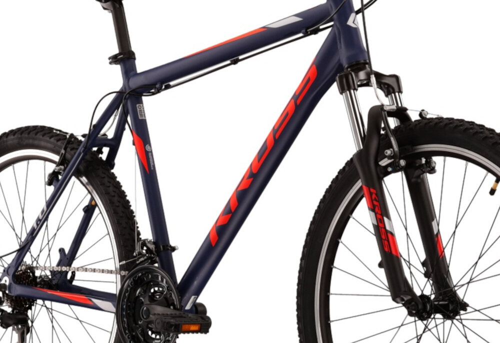 Rower górski MTB KROSS Hexagon 1.0 M19 26 cali męski Granatowo-czerwony rama 19-calowa z aluminium performanceStop Aluminium Performance 6061 wysoka sztywnosc odpornosc na zlamania przeciazenia bardzo zwinny lekki dorpny na korozje wybor rozmiaru ramy Twoj wzrost mierzony w zrelaksowanej pozycji typ roweru dla osób o wzroście od 174 do 180 cm