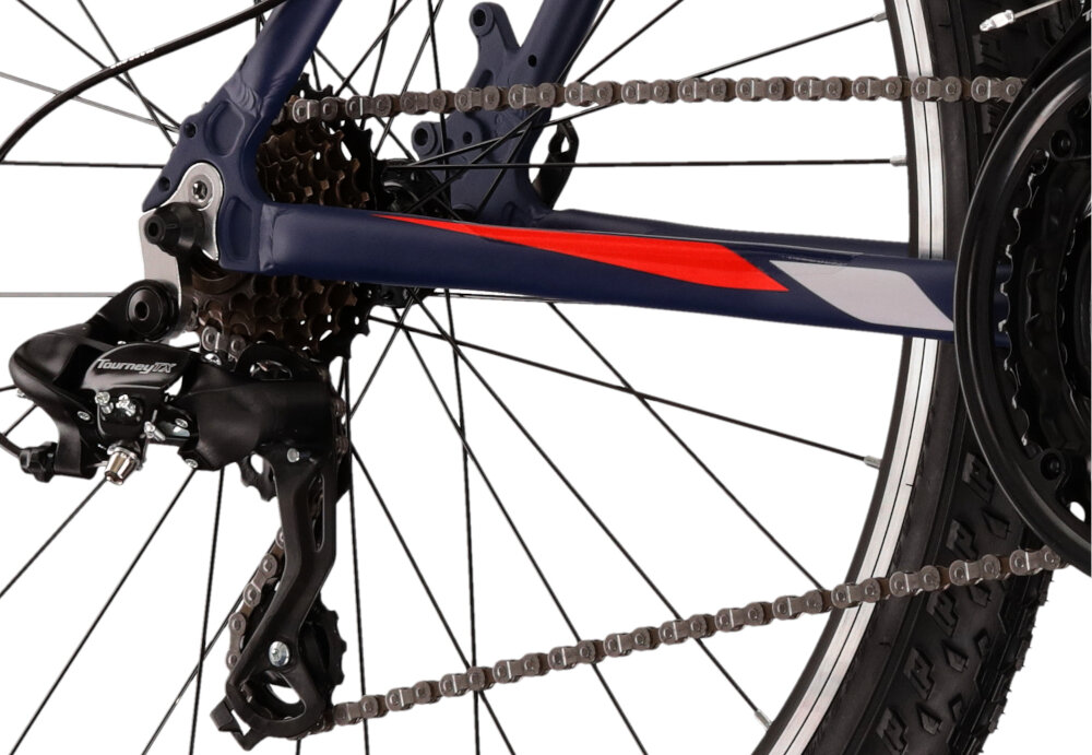 Rower górski MTB KROSS Hexagon 1.0 M19 26 cali męski Granatowo-czerwony 21 przelozen przerzutki na przod i na tyl SHIMANO Tourney duza wytrzymalosc sprawne dzialanie plynna bezproblemowa zmiana biegow