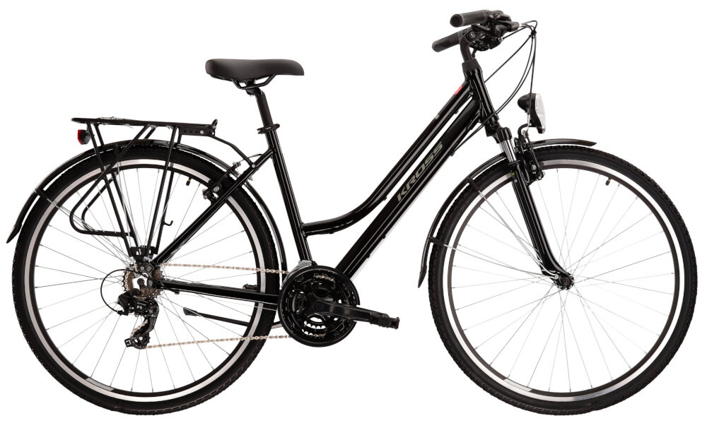 Rower trekkingowy KROSS Trans 1.0 D17 28 cali damski Czarno-szary do miasta poza miasto do jazdy po asfalcie po nieutwardzonych drogach trekkingowa geometria jazda w niemeczacej naturalnej wyprostowanej pozycji