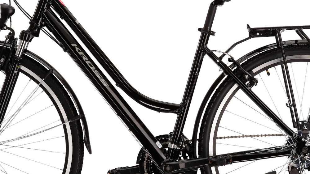 Rower trekkingowy KROSS Trans 1.0 D17 28 cali damski Czarno-szary rama 17-calowa aluminiowa zwinny lekki latwo podniesc odporny na korozje wybor rozmiaru ramy Twoj wzrost mierzony w zrelaksowanej pozycji typ roweru dla osob o wzroscie od 165 do 174 cm. 