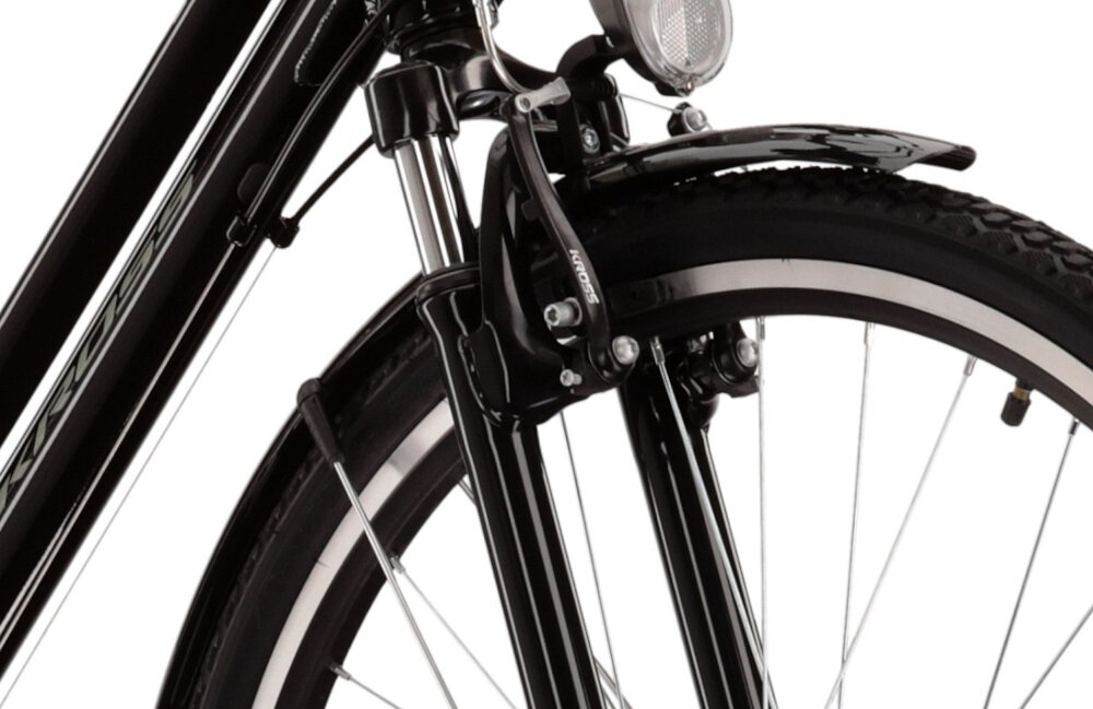 Rower trekkingowy KROSS Trans 1.0 D17 28 cali damski Czarno-szary rower typu hardtail przedni amortyzator HL Corp typ 120E ulatwia najezdzanie na przeszkody niweluje wstrzasy na kierownicy niska masa roweru duza sztywnosc regulacja sprezyna