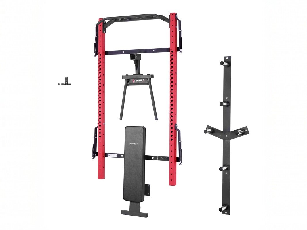 Klatka treningowa HMS KLT22 Czerwony klatka ukazana jak wygląda jak jest złożona po obu stronach są wieszaki rama od ściany 54 cm po złożeniu 10 cm drążek do podciągania odsuwa się od ściany jedynie na 31 cm w najgłębszym 31 cm od ściany wysokość po złożeniu 276 cm po rozłożeniu 230 cm 150 x 150 cm przy wysokości 276 cm stalowa rama 75 x 75 x 3,5 mm, malowana proszkowo do 300 kg