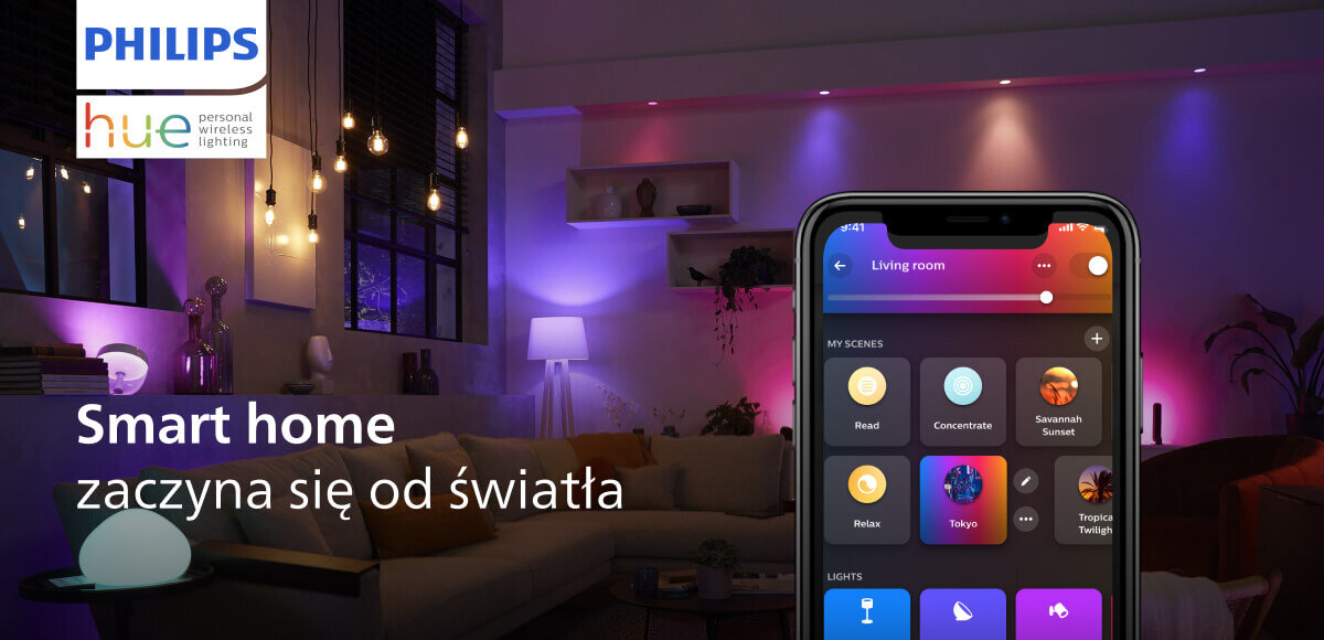 Girlanda PHILIPS HUE Festavia 250 świateł, światło, przełącznik, hue, regulacja, logotyp philips, obok smartfon z aplikacą hue, w tle pokój z oświetleniem hue
