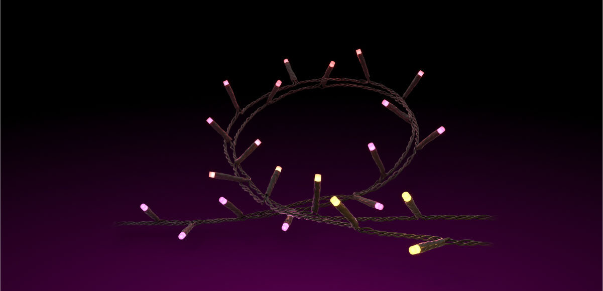 Girlanda PHILIPS HUE Festavia 250 świateł, opakowanie, zawartość, nastrój, girlanda, na czarnym tle girlanda festavia