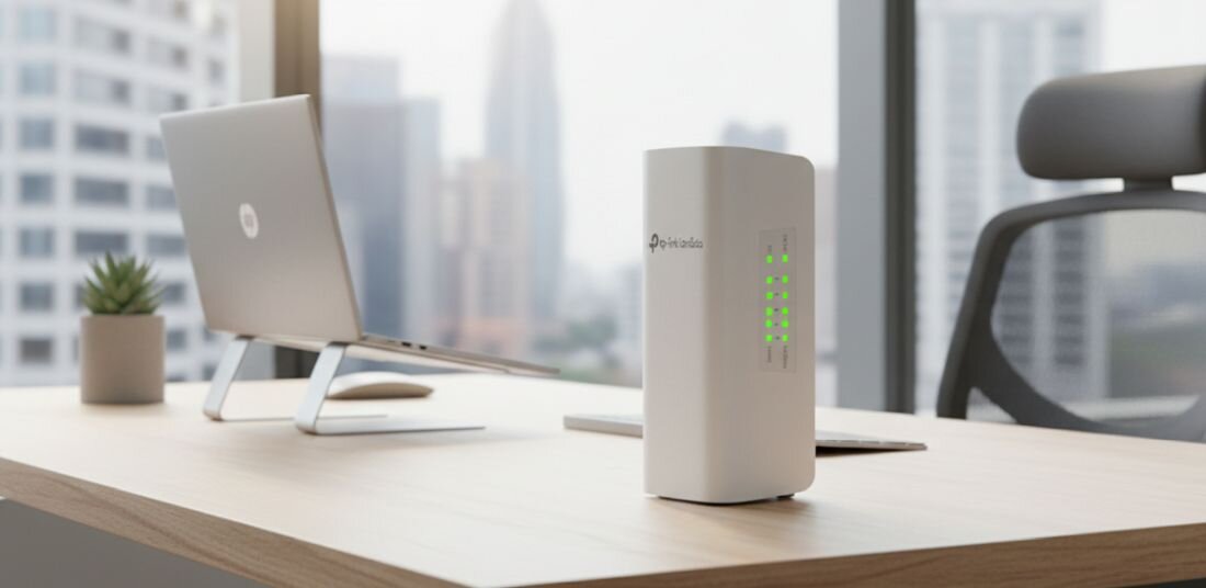 Przełącznik TP-Link Omada z 24 portami Gigabit Ethernet stoi na biurku podczas zarządzania siecią w biurze..